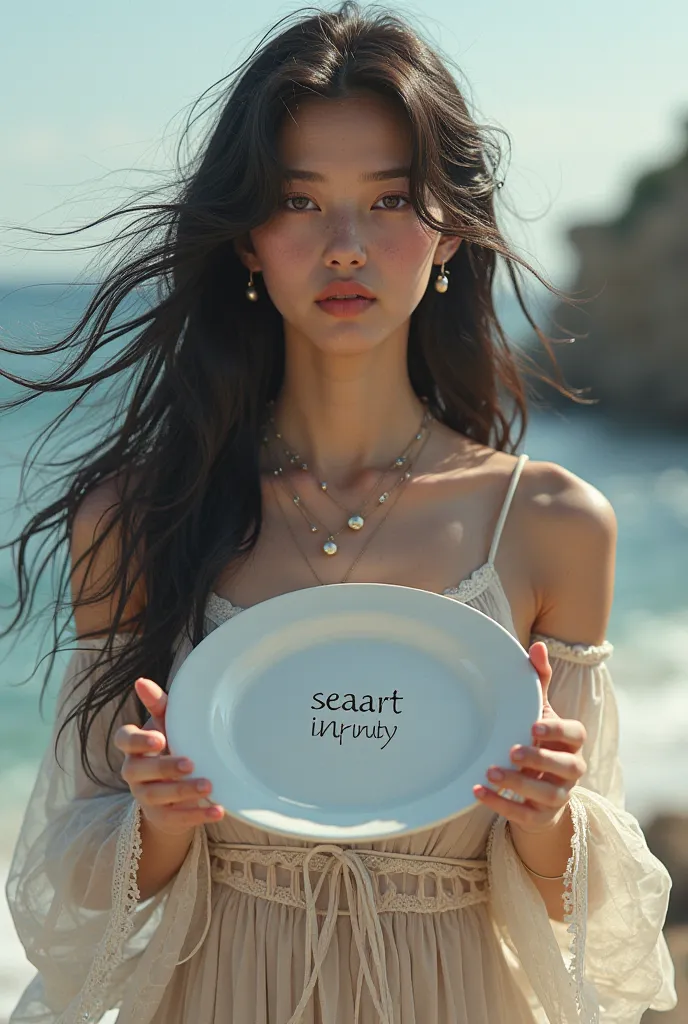 Beautiful girl with long wavy hair, bohemian dress, holding a white plate with text "I Love Seaart Infinity" and showing her to the spectator 