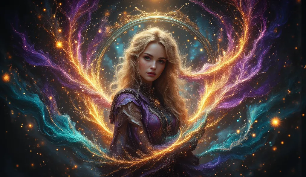 ，Beautiful girl, Fantasy world with magic portal, Everything is magical, The atmosphere is magical, Photo Real, Attention to detail, Highest quality, 4K
psychedelic cosmic, oniric, fluid, ethereal,  (colors: purple, yellow, blue, green, orange, black.

