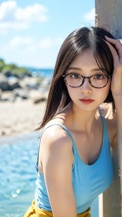 Reset、((has realistic lighting, best quality, 8k)),、 in the river、long black hair straight、Ultra-thin face，double eyelids，Glasses、freckles、mole，in the ruins、big breasts、big yellow tank top、 wet tank top 、wet hair、lean forward、wet shorts、thin body、Glasses、、...