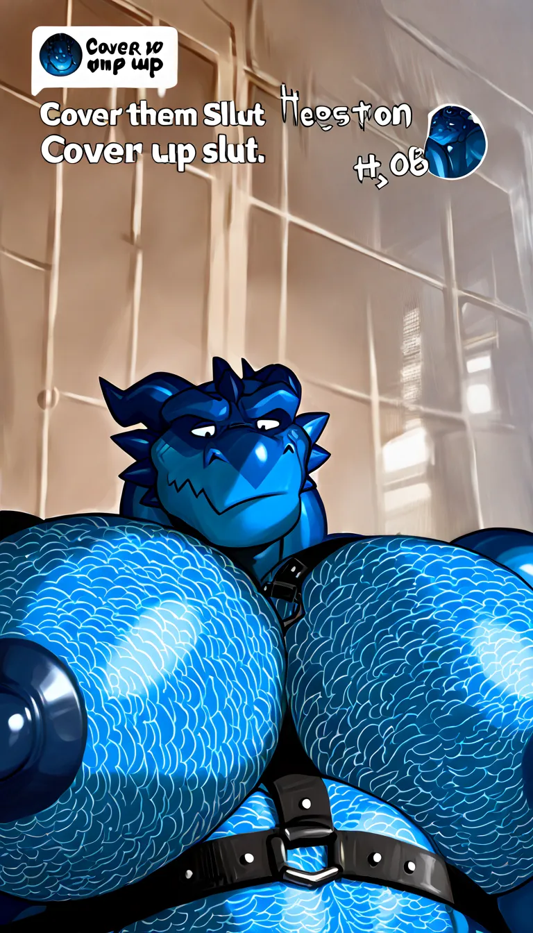 Sexy muscular hairy figure, solo. (cover_them_up_slut_\(meme\)), old dragon, Deep Dark navy-teal blue skin that fades to turquoise, Beefy muscles. Thick chubby muscle, huge nipples. Exhausted expression, detailed eyes, detailed mounts, huge dick, massive p...