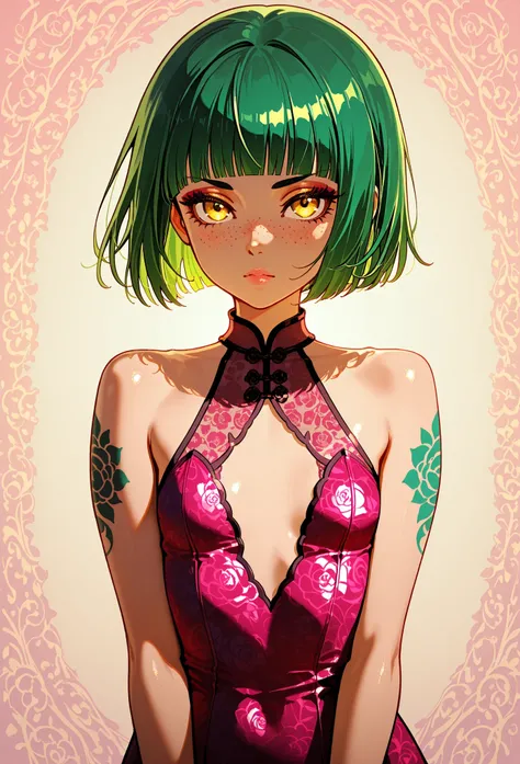 A mesmerizing surreal illustration of a young japanese woman. She has pastel green hair with blunt bangs, yellow eyes, sexy outfit with floral patterns. Freckles, shiny skin, colorful tattoos cover her arms and legs. The tattoos feature traditional Japanes...