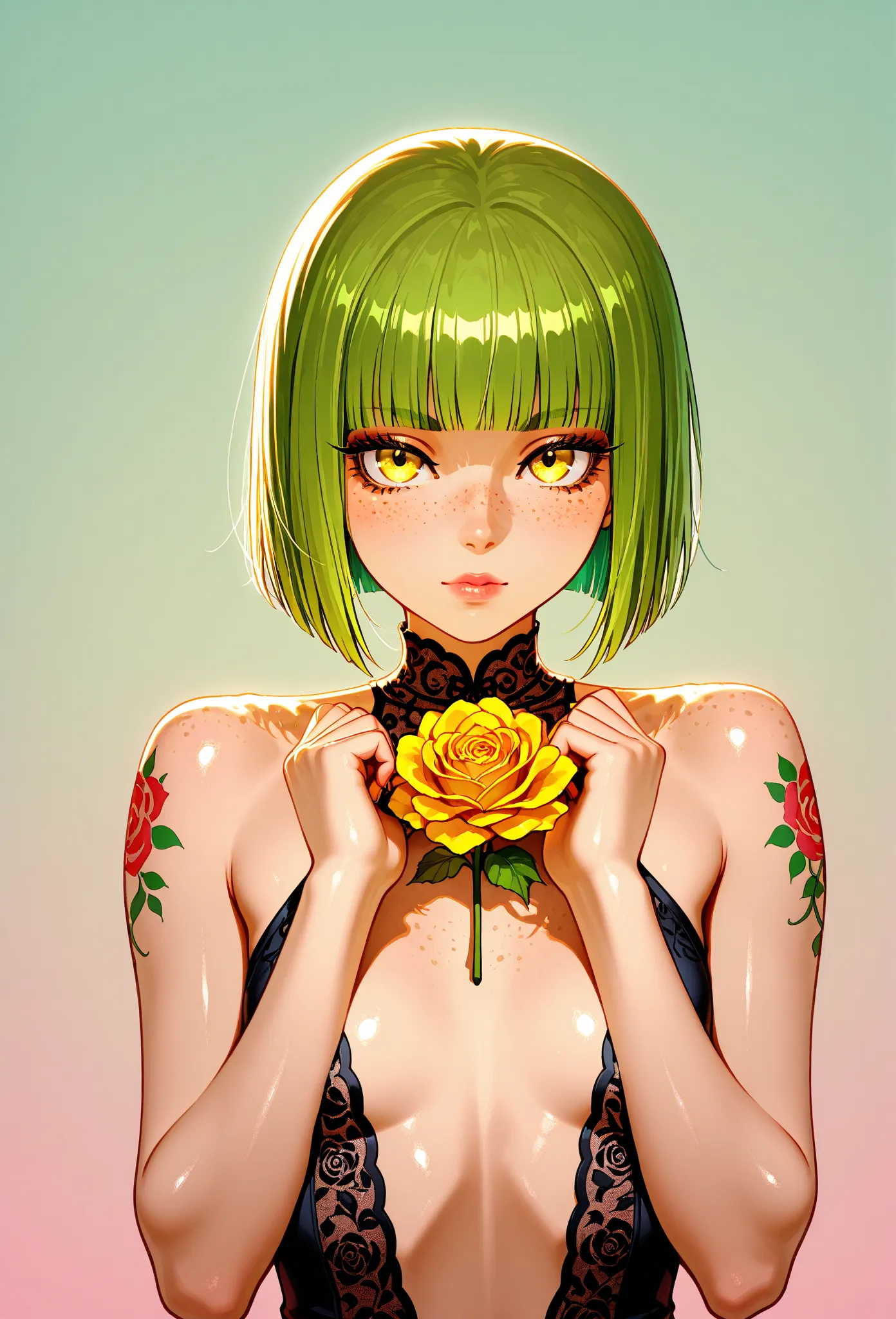 A mesmerizing surreal illustration of a young japanese woman. She has pastel green hair with blunt bangs, yellow eyes, sexy outfit with floral patterns. Freckles, shiny skin, colorful tattoos cover her arms and legs. The tattoos feature traditional Japanes...