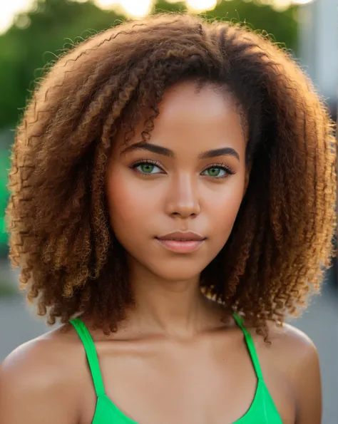 realistic, ultra-realistic, 8K resolution, close-up picture, early evening light, Jamaican city light brown afro-textured hair, mixed-race girl with light but warm skin tone, slightly darker than average German tone, bright green eyes, calm and mysterious ...