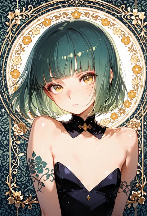 A mesmerizing surreal illustration of a young japanese woman. She has pastel green hair with blunt bangs, yellow eyes, sexy outfit with floral patterns. Freckles, shiny skin, colorful tattoos cover her arms and legs. The tattoos feature traditional Japanes...