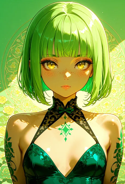A mesmerizing surreal illustration of a young japanese woman. She has pastel green hair with blunt bangs, yellow eyes, sexy outfit with floral patterns. Freckles, shiny skin, colorful tattoos cover her arms and legs. The tattoos feature traditional Japanes...