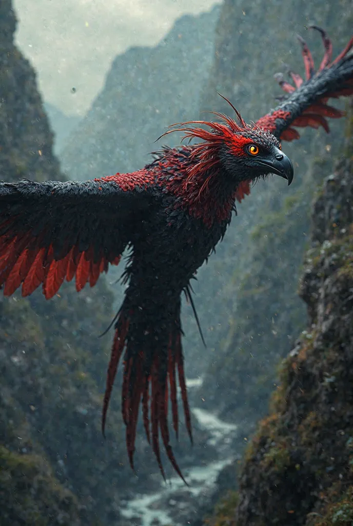 Create a fictional animal that flies, color black mixed with red that looks like a normal bird