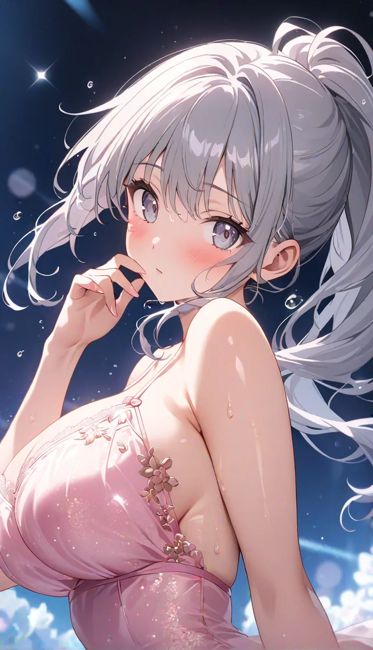 （a 2 ponytail hair:1.1） Shiny Skin, delicate depiction,Depiction of light,The feel of wet skin 、 bust up component  、The glitter leotard emphasizes delicate embroidery 、Sweat droplets、very delicate hair 、 focusing on the upper body 、 Big Breastsを際立たせる、  pa...