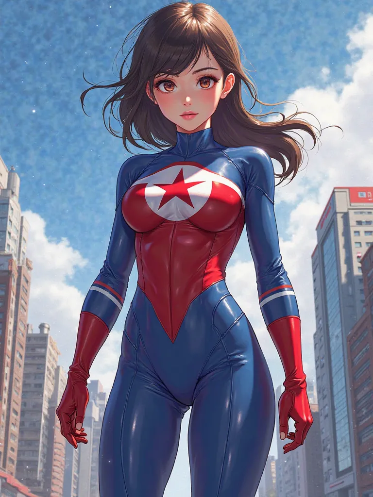 North Korea국기, superhero, 귀여운 girl, Tight Bodysuit, pretty face, Nice body , city, North Korea국기가 들어간 Tight Bodysuit, anime, North Korea, girl