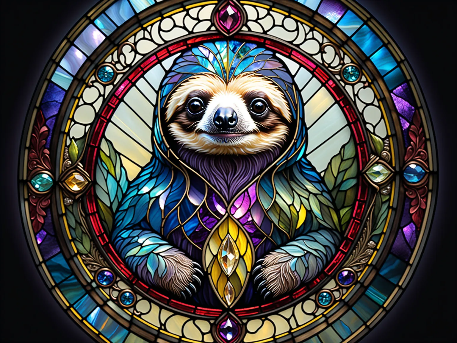 Three primary colors , like the movie,  stained glass sloth , Baroque, Claora, Highly Detailed Stained Glass, amethyst crystal, Iridescent Labradorite Crystals,  Andy Kehoe , John Blanche, intricate and highly detailed background,  fantasy,  filigree ,  fi...