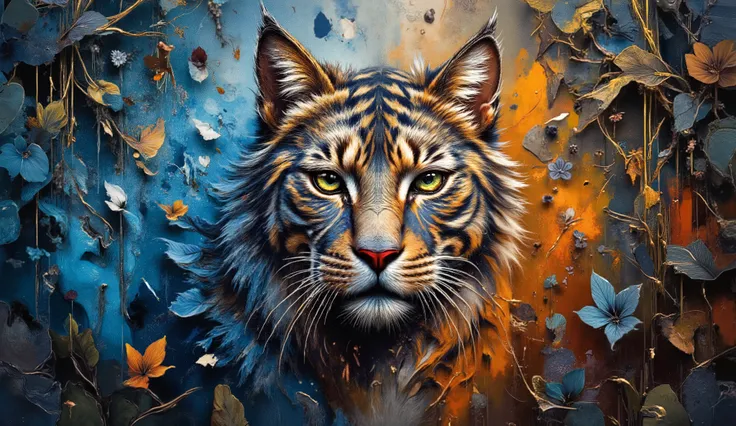 dreamlike digital portrait of a cat with piercing sapphire eyes amid a magical fantasy realm, swirling abstract patterns in luminous blue, amber and tangerine hues flowing like liquid across the composition,double exposure with magical lights and golden fi...