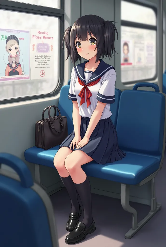 A young Japanese high school girl sitting inside a train, wearing a traditional sailor suit with a white short-sleeved top, dark blue pleated skirt, and a red ribbon, her hair styled in twin tails with black hair, wearing black knee-high socks and black lo...