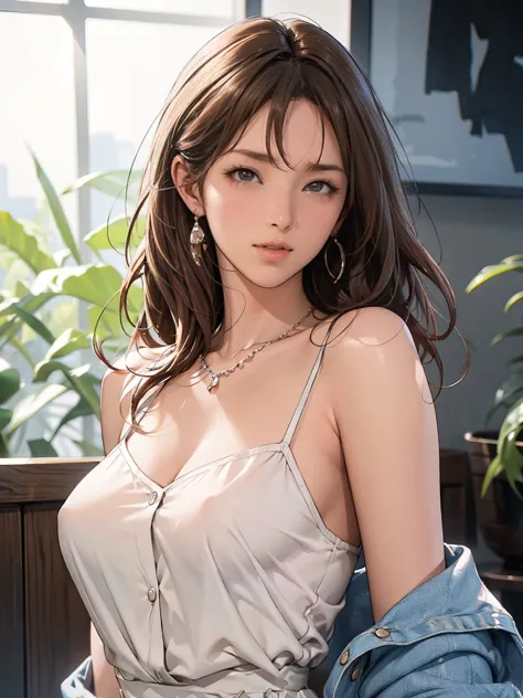 she wears trendy and slightly sexy gal outfits, Wavy brown hair, With a subtle yet charming smile. she wears trendy and slightly sexy gal clothes: Delicate, A silky camisole that accentuates her collarbone, Paired with a chic high-waisted miniskirt. over h...