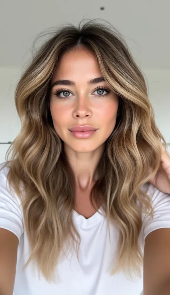  sexy 22-year-old brunette woman , long wavy hair, blue eyes,  pretty face, close-up do tronco.  white t-shirt, Selfie,  Instagram template , iPhone 16 Pro Max smartphone in hand