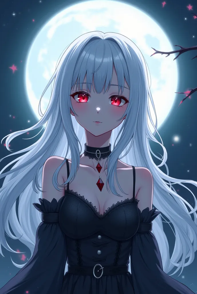 A white haired vampire with the moon behind the beautiful anime