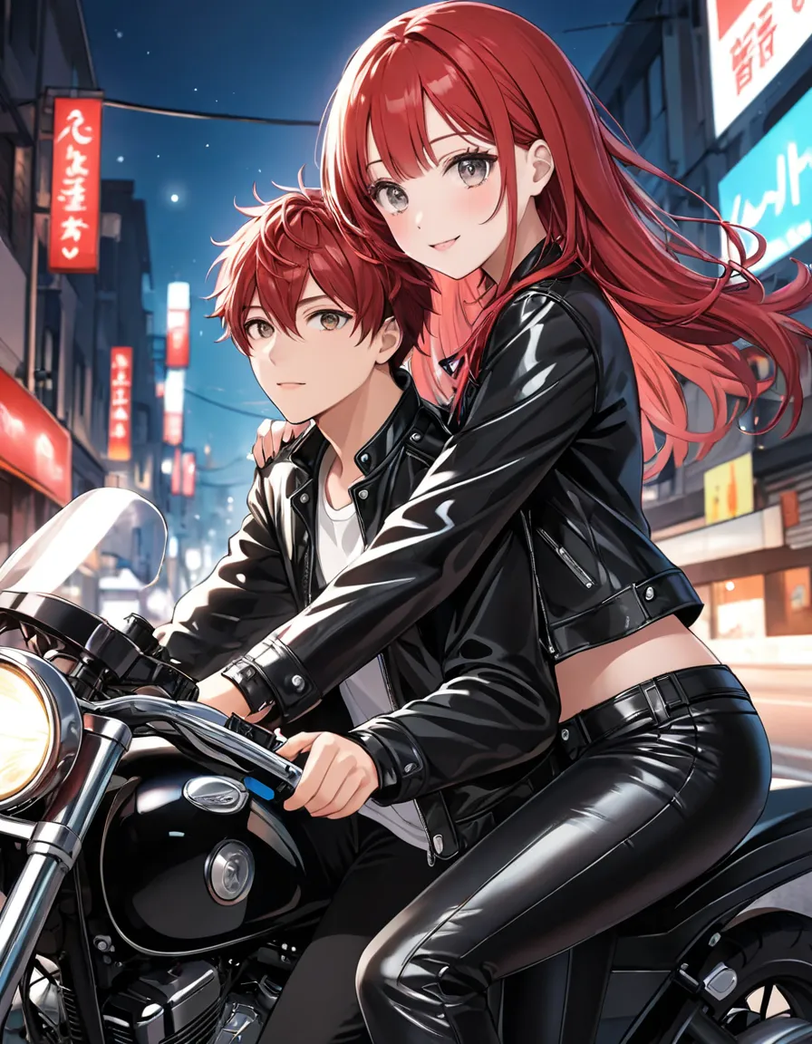 masterpiece,ultra-detailed,best quality,8K,illustration,cute face,clean skin ,shiny long red hair,girl,ultra-detailed-eyes, silver eyes, , silver eyes girl,She is wearing leather pants and a black leather jacket, Riding a motorcycle behind her boyfriend, H...