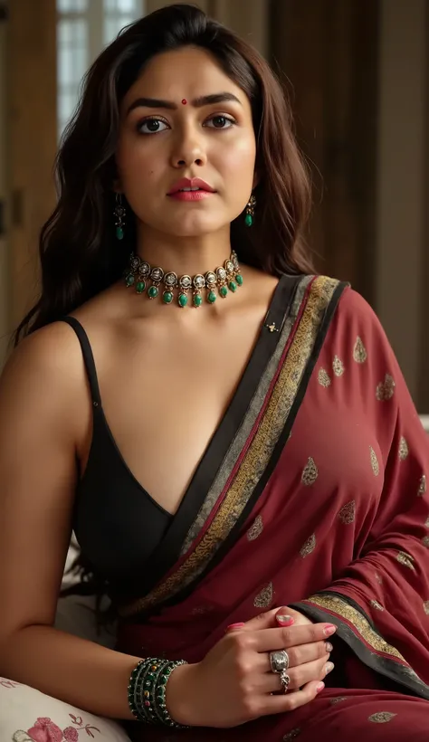 in a dimly light setting A naughty and curvaceous light neutral skin tone women upper half body in traditional attire, wearing a deep red messed up elegant saree, no blouse piece, bare breast and intricate jewelry glass green bangles and a red small bindi ...