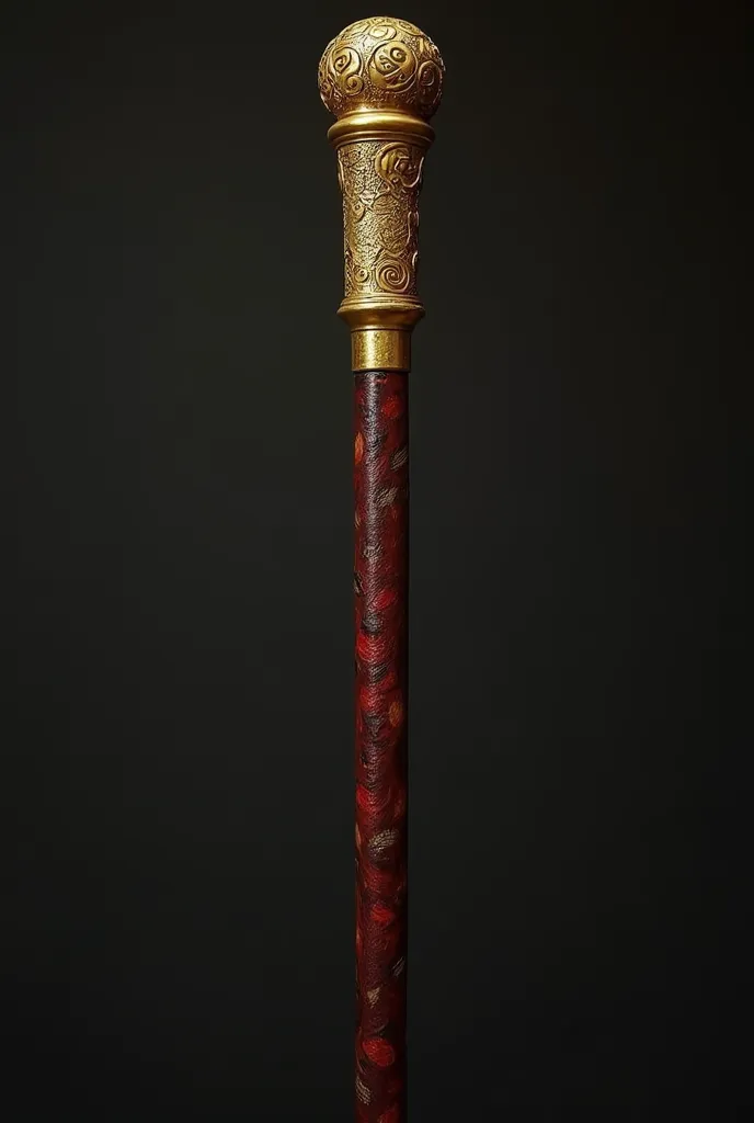 a bo staff with golden accents on each ends decorated with swirling patterns like something Hermes himself would own, the golden engravings are slightly raised. The middle section has a dark red leather grip, subtly patterned like leopard spots, small engr...