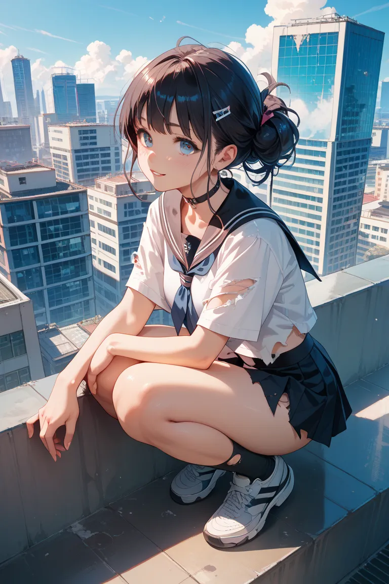 top quality Japanese high school girl in a black sailor suit々Crouching on the roof of a torn skyscraper