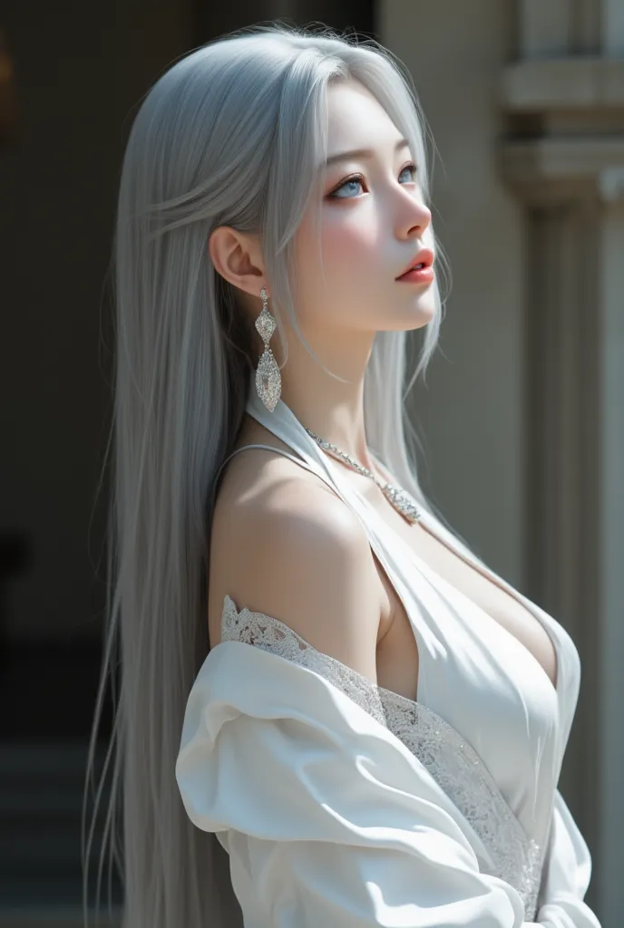 Beautiful portrait，Gray hair and blue eyes， wearing white clothes， looks up，full body pendant，white suede skin，side，thin long straight hair