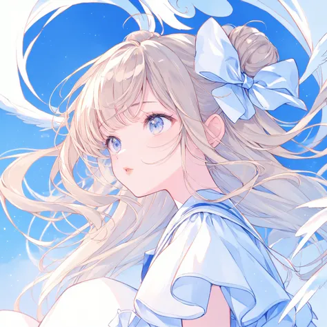 pastel colors、watercolor、1 girl、 young 、profile、beige hair from below the bangs、bun hair、hair bow、 light blue eyes 、droopy eyes、Angel、Small lips、white boots、masterpiece、Top Quality、Blue sky background