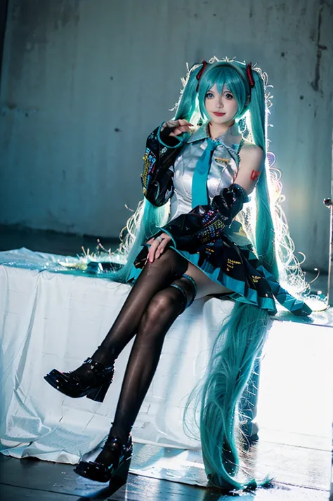 a cute girl,big breast,miku cosplay costume,hatsune miku,cosplay,aqua hair,very long hair,twintails,dress,frilled dress,frills,long sleeves,wide sleeves,choker,bow,hair bow,ribbon,wrist cuffs,high heels,sitting unkind pose,city,morning time,full body.