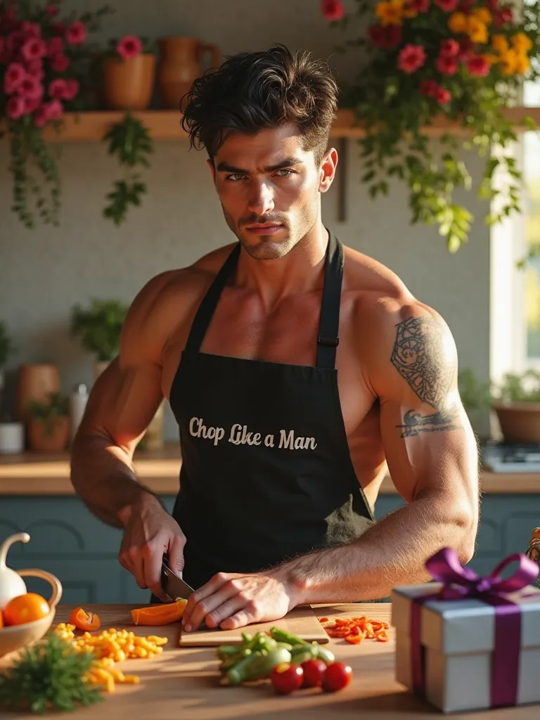  "Cinematic dynamic shot of a rugged, muscular young man with tousled dark hair and piercing green eyes, chopping vegetables in a sunlit kitchen. The scene is bursting with floral arrangements in bold pink, yellow, and red hues, with luxurious gift boxes w...