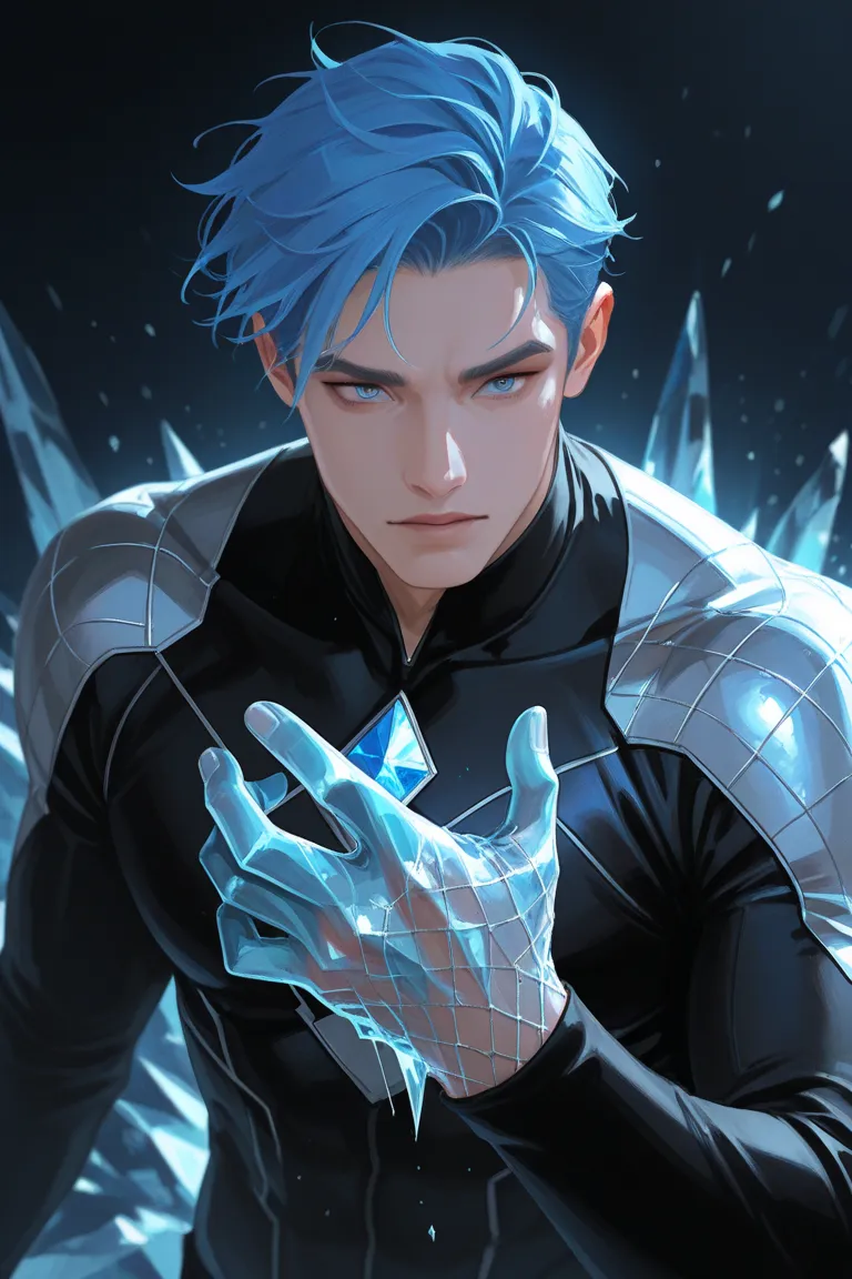 1 Man、Blue Hair、silver mesh 、blue eyes、black clothes、upper body、Ice from hand、Superpowers