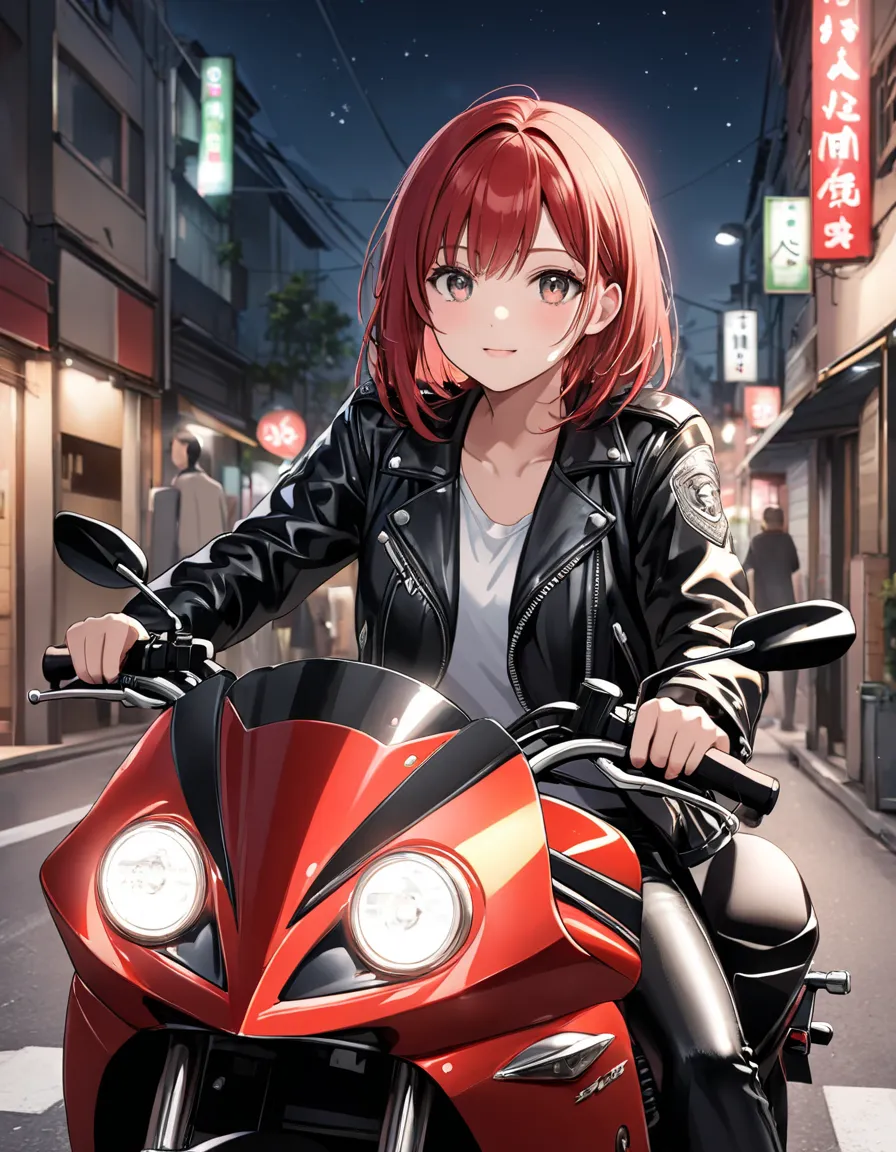 masterpiece,ultra-detailed,best quality,8K,illustration,cute face,clean skin ,shiny long red hair,girl,ultra-detailed-eyes, silver eyes, , silver eyes girl,She is wearing leather pants and a black leather jacket, Riding a motorcycle behind her boyfriend, H...