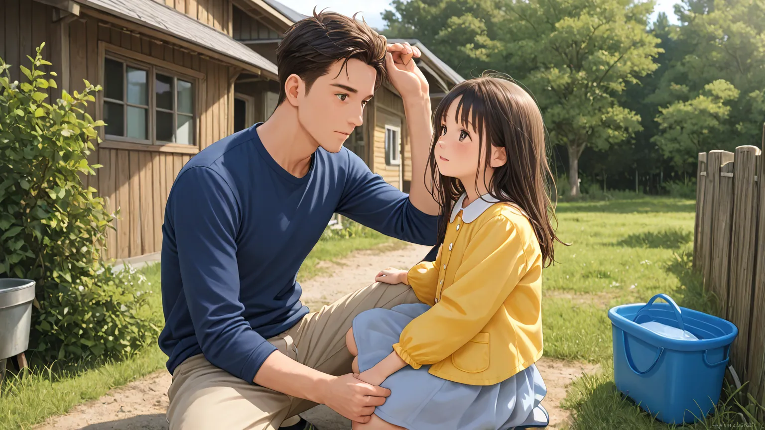 A  boy and a  girl go home together in good company、The two are kindergarteners、The clothes for the two are kindergarten clothes、The background is near a rural house、Draw faces well