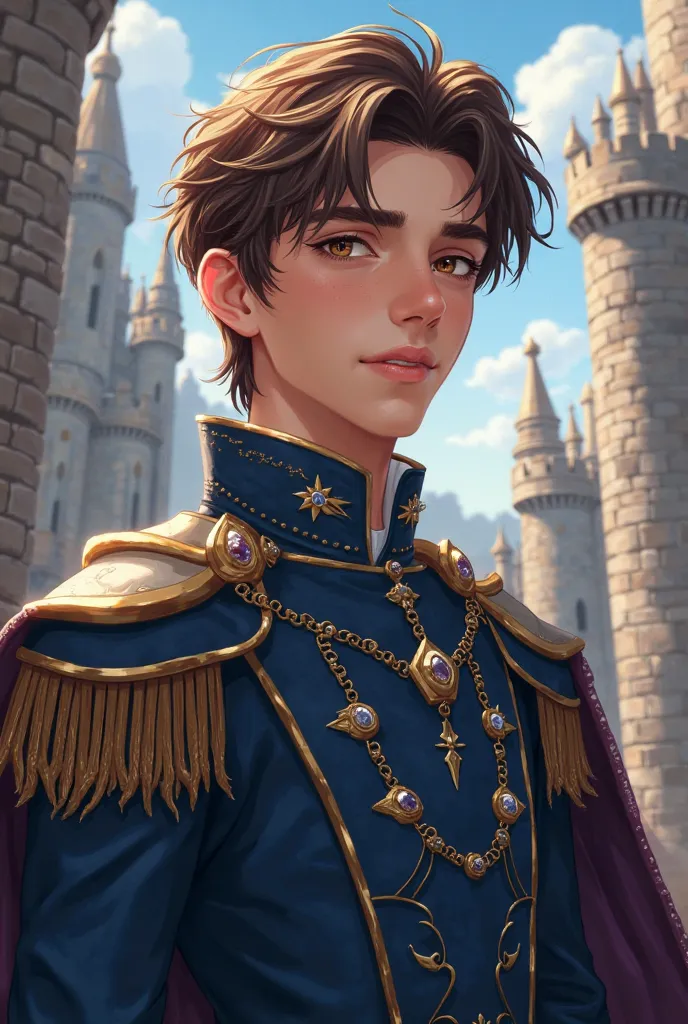 A medieval age prince with brown hair, hazel eyes, with dark blue medieval suit, anime