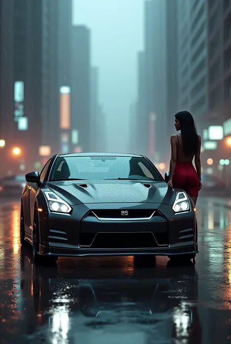 GTR R35 is a purple rainy weather and a very beautiful woman