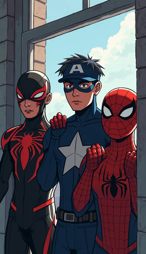 Venom Jr., Cap Jr. and Spider-Boy looks through the window , Three ren holding their faces with their mouths open in surprise
