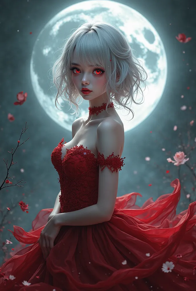 A white haired vampire with moon behind anime loli beautiful red dress