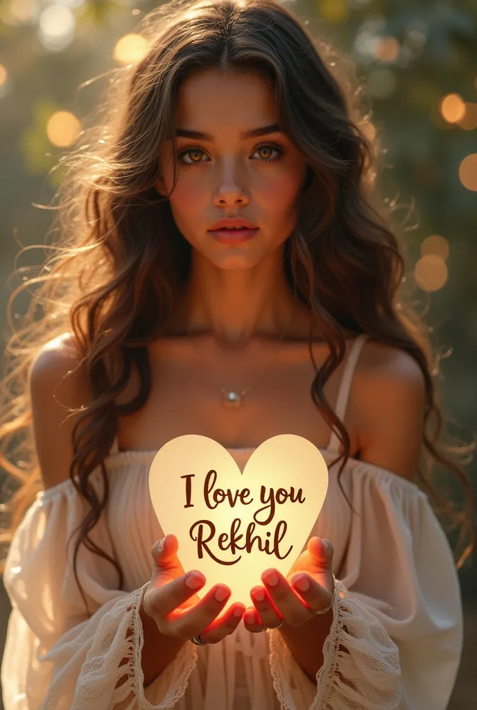 Beautiful girl with wavy long hair, bohemian dress, holding a "i love you Rekhil" detailed and showing it to the viewer 