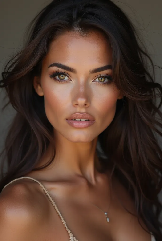 Create an image of a stunning brunette model with distinctive and unique facial features. She should have long, dark hair and a captivating expression, with a perfect blend of elegance and charm. Her eyes should be striking, and her facial structure should...