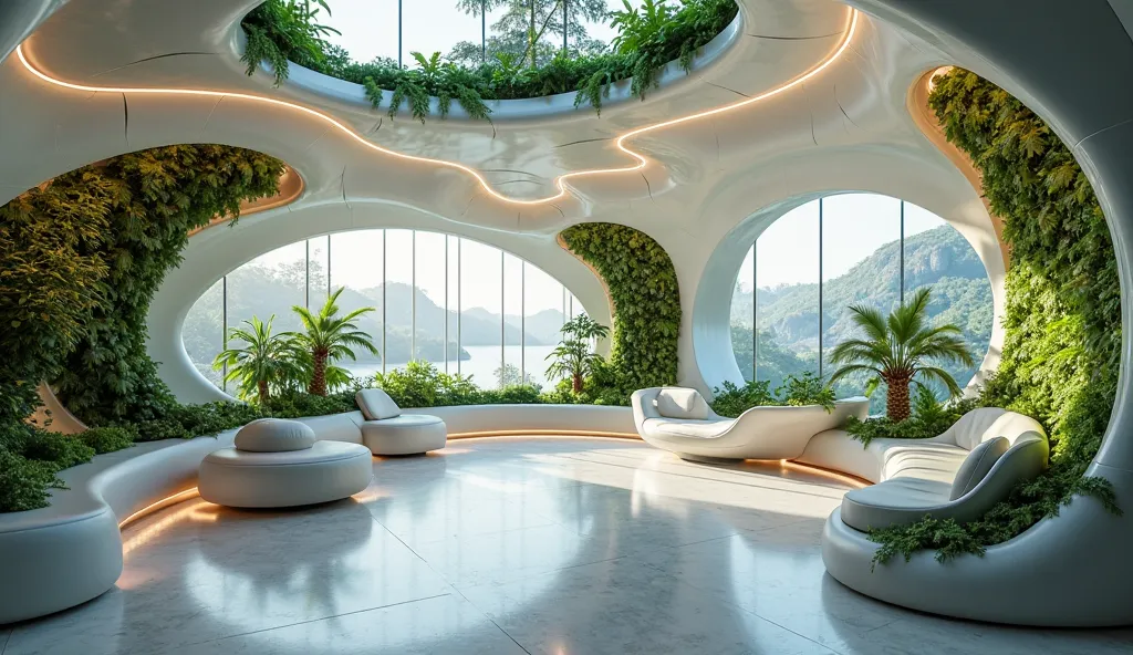 Design a futuristic office space blending biophilic and sci-fi aesthetics. The room features curved, organic structures inspired by nature, combined with high-tech materials like glass, metal, and soft ambient lighting. The walls integrate living green wal...