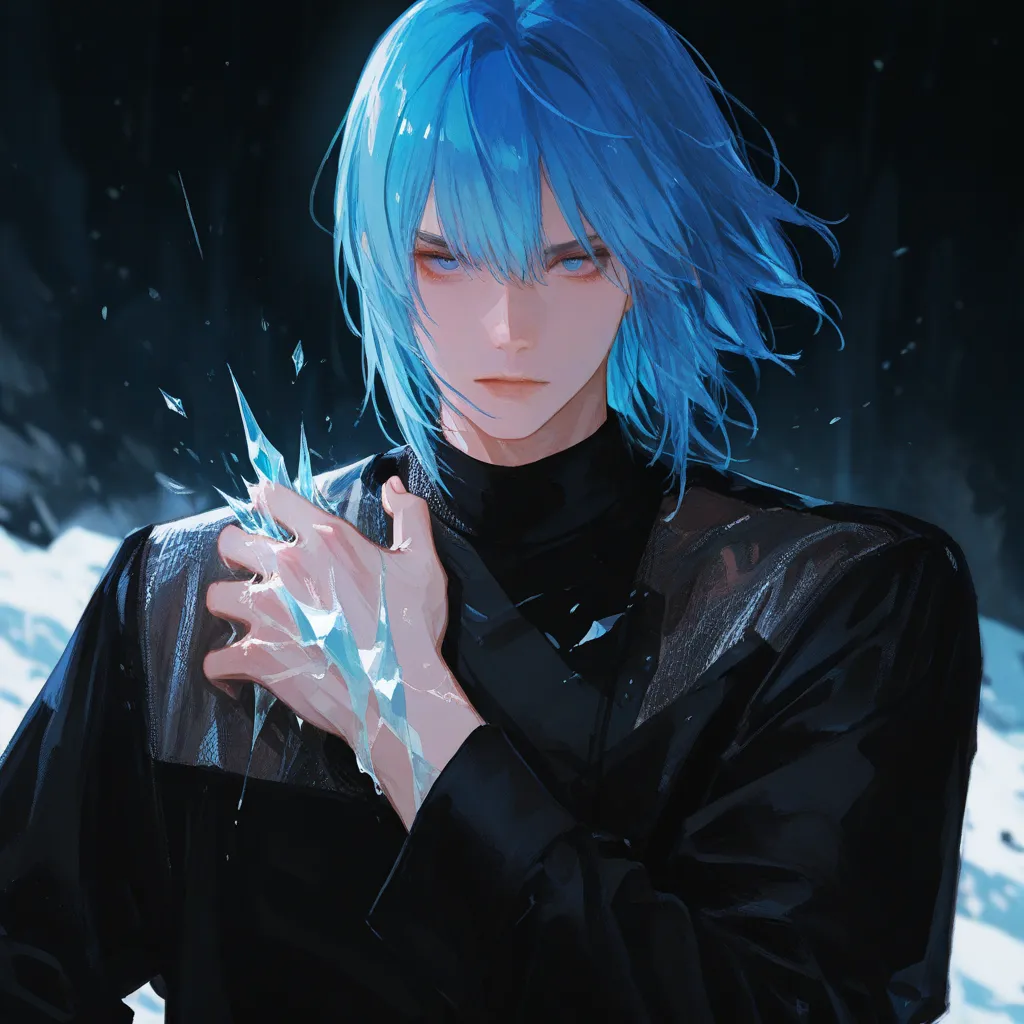 1 Man、Blue Hair、silver mesh 、blue eyes、black clothes、upper body、Ice from hand、Superpowers