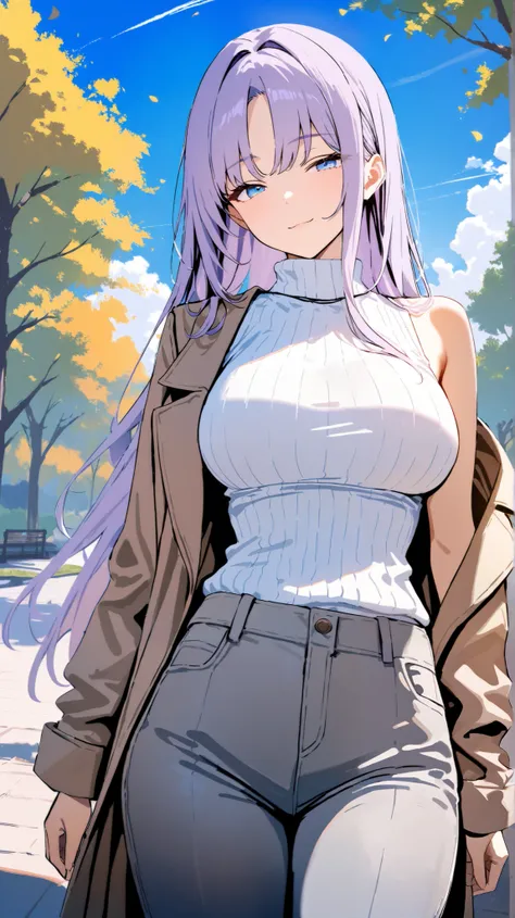 1girl, solo, seductive smile, closed mouth, large breasts, long hair, straight hair, long sidelocks, parted bangs, light purple hair, blue eyes, brown coat, turtleneck sweater, white sweater, grey pants, single off shoulder, single bare shoulder, sleeveles...