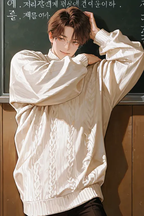middle-aged male, handsome, lying, 1 man with a gun, MALE FOCUS, handsome man, Thick painted , Korean Comic Style , semi-realistic art , semi-realistic art style, expressive brushstrokes wearing a white sweater, Vibrant Brushstrokes, Impressionist p...