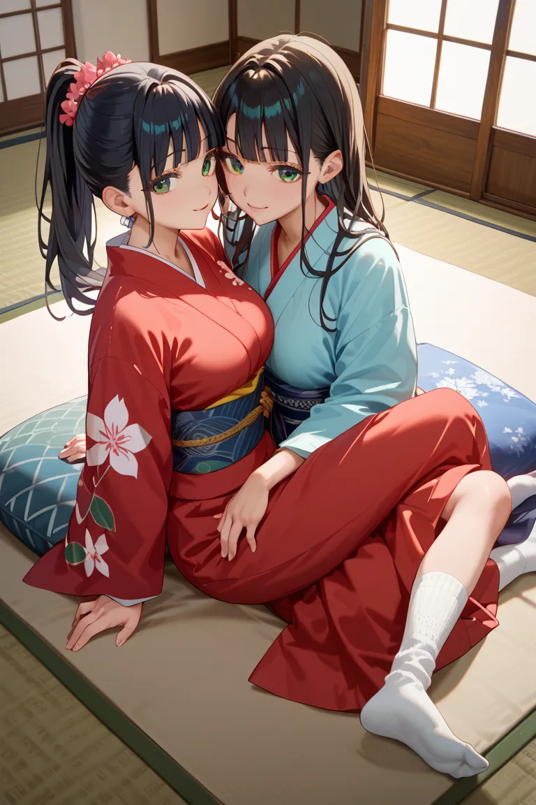 Samurai residence、 female 1、long black hair、Twelve singles of red and white、 socks、playing biwa、Yamato Nadeshiko、winter、Daytime、green eyes、Japanese cushion、sitting upright、tatami