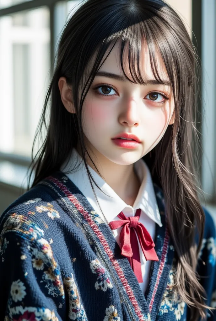 (Japanese school uniform:1.8)、Glasses、photorealistic、top quality、masterpiece、Top Quality、Top Quality、High Resolution、real、RAW Photos、8k、solo、high school girl、original photo、1 girl、solo、 black hair、long hair、white skin、(during the daytime、natural makeup、官能的...