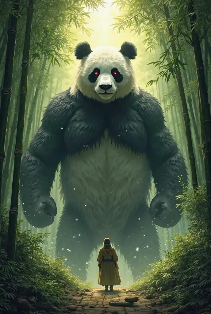 The God imprisoned the gaint panda with red eyes  in the bamboo forest