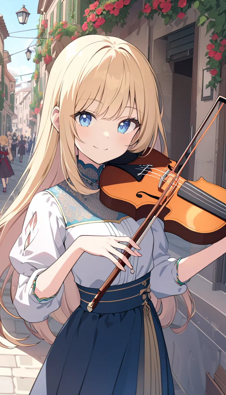 1 girl, blonde hair,   blue eyes,  long hair, bangs,  smile,  standing, small breasts，playing violin, Italian streets,  Italian traditional dress, upper body, detailed