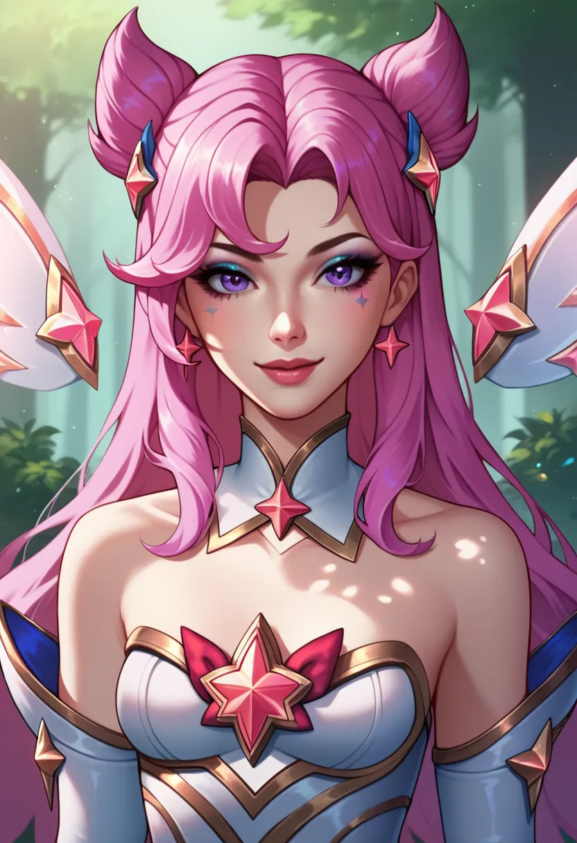 score_9, score_8_up, score_7_up, score_6_up, score_5_up, score_4_up, KaisaSGXL, star guardian (league of legends), makeup, purple eyes, pink hair, cone hair bun, bangs, long hair, hair ornament, jewelry, star (symbol), medium breasts, wings, detached colla...