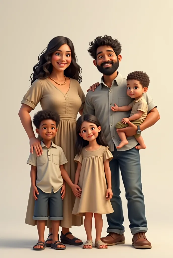 A 38-year-old boy wears a shirt , a 35 year old woman wearing a dress,  a  boy wears a shirt,  a  girl wears a dress,  and a  baby boy, wearing casual clothes ,  realistic .