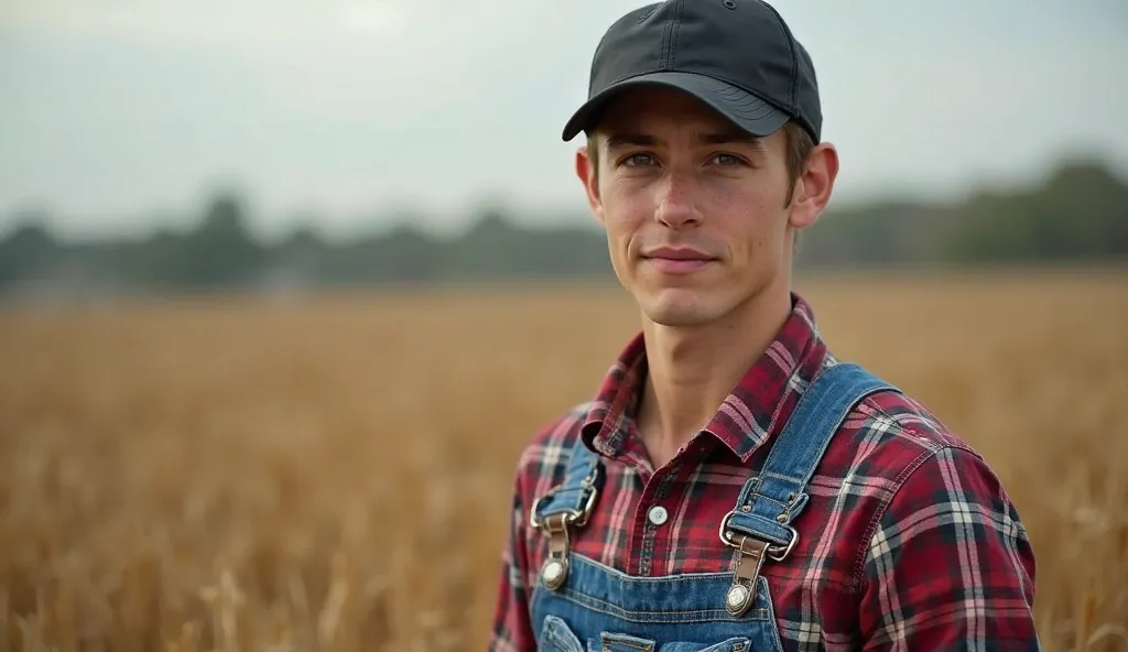 Young farmer,  wearing a black cap ,  checkered shirt  (with red, with white and blue cells) and blue jeans, to stand up to oligarchs