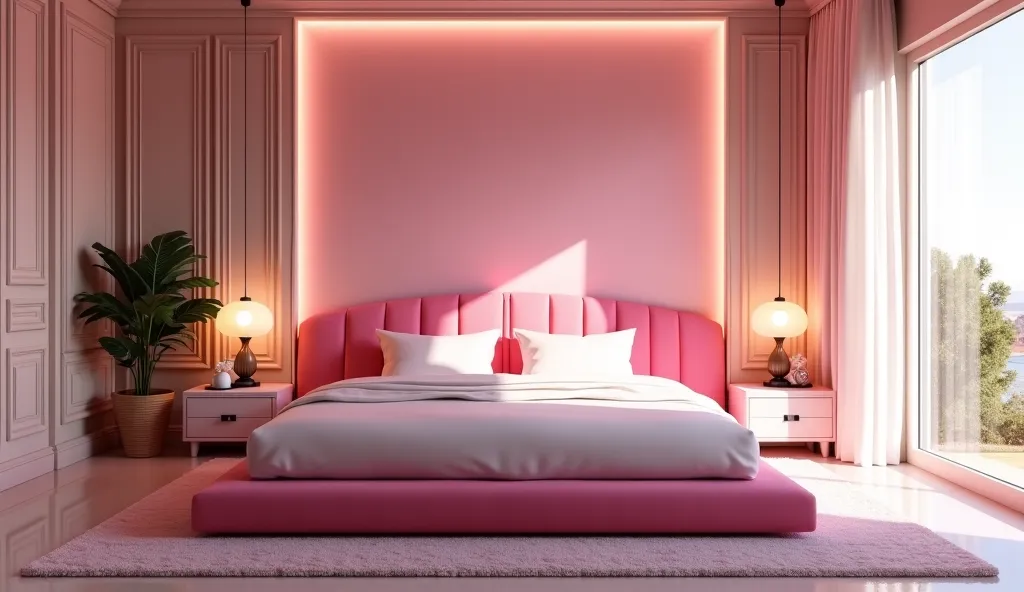 There is a big bed in a room with a pink headboard, brightly lit pink room, nice lighting color scheme, soft wood paneling, bedroom, natural lighting in the room , ديكور bedroom, Neoclassical style,  high-detail soft lighting , room lighting, rose Pink lig...