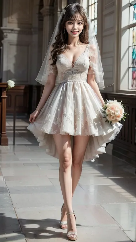 A beautiful young Japanese woman, 26 years old, with healthy thighs, beautiful legs, flawless skin, random hair color and style, large breasts, wearing a (wedding dress:1.3), (she is standing:1.2), full body shot, high heels, holding a bouquet in her hands...