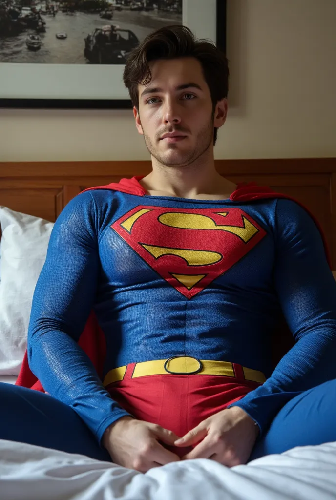 Hotel, bedroom, a handsome man, blue eyes, brunete hair, he is wearing a superman costume is feeling orgasm, (his superman costume is a damp full body costume:1.4). his uncle is muscular, he has nice big bulge, uncle has a big dick. the uncle feels painful...