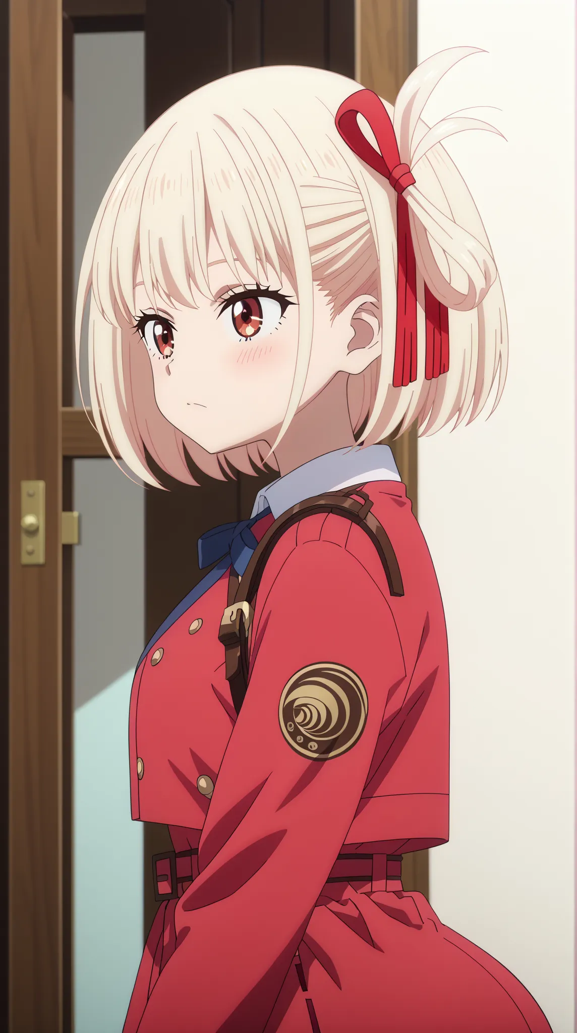 (UHD, retina, masterpiece, accurate, anatomically correct, super detail, high details,   highres,anime screencap, anime coloring:1.3)、(chisato nishikigi:1.3)、(short hair, bangs, blonde hair, red eyes, hair ribbon, one side up, bob cut:1.3)、(Gigantic ass、ti...